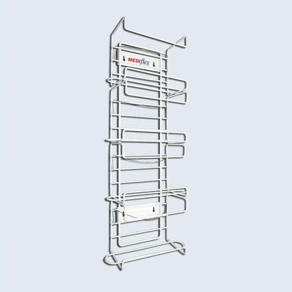 Metal display rack with 'Mediflex' branding on a light gray background