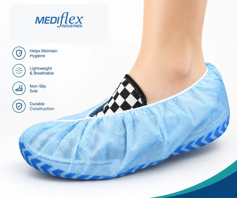 A light blue disposable shoe cover worn on a foot, shown against a white background with product feature icons and the Mediflex Industries logo. The shoe cover has a black-and-white checkered opening and blue patterned sole trim.