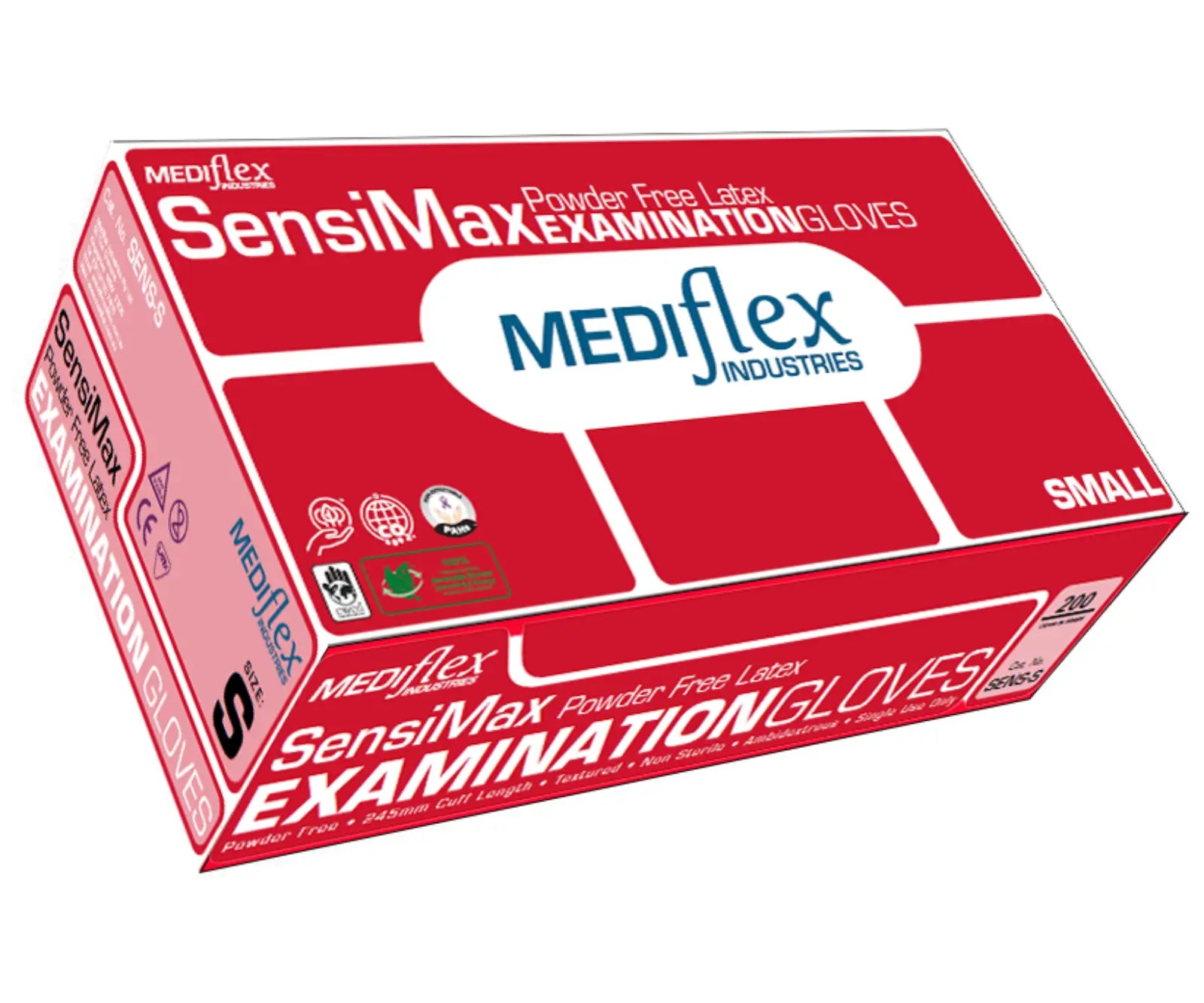 A red and white box of Mediflex SensiMax Examination Gloves, size Small, shown at a three-quarter angle on a white background.