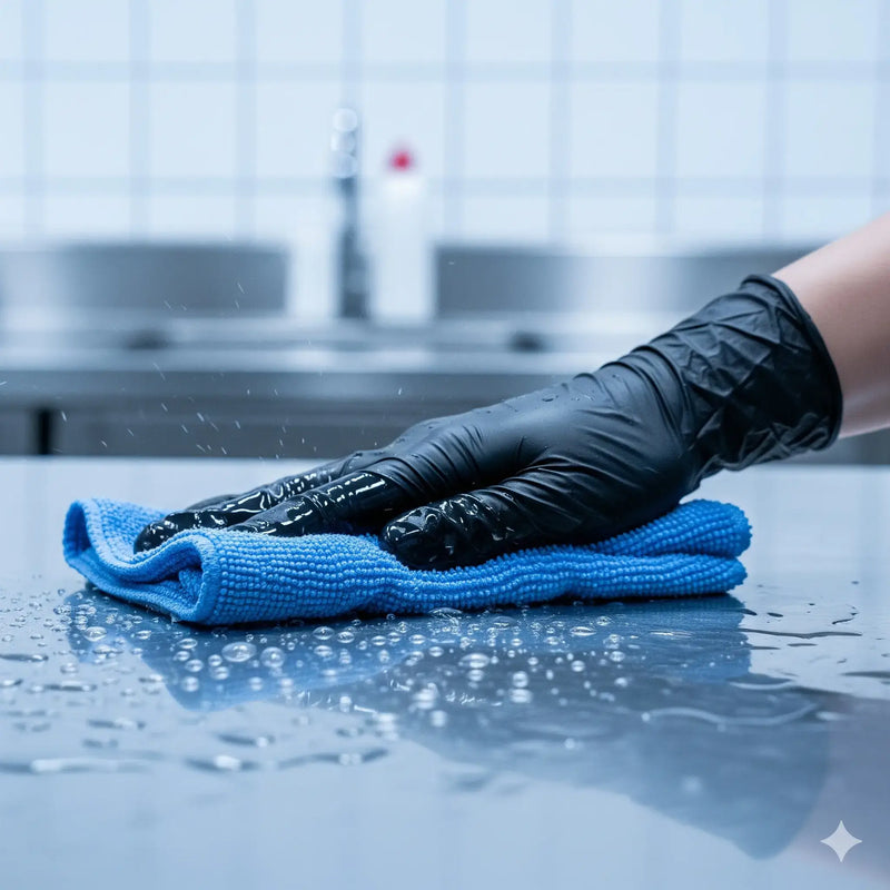 Person cleaning a surface with a blue cloth and Mediflex black glove in a kitchen setting