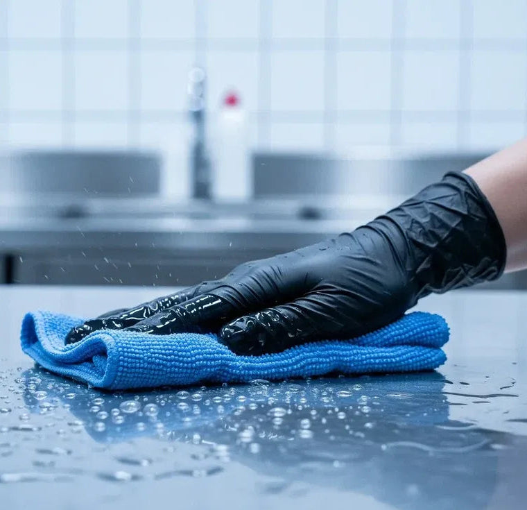 A close-up of a hand wearing a black nitrile glove wiping a wet, water-droplet-covered dark countertop with a bright blue microfiber cloth in a kitchen setting.