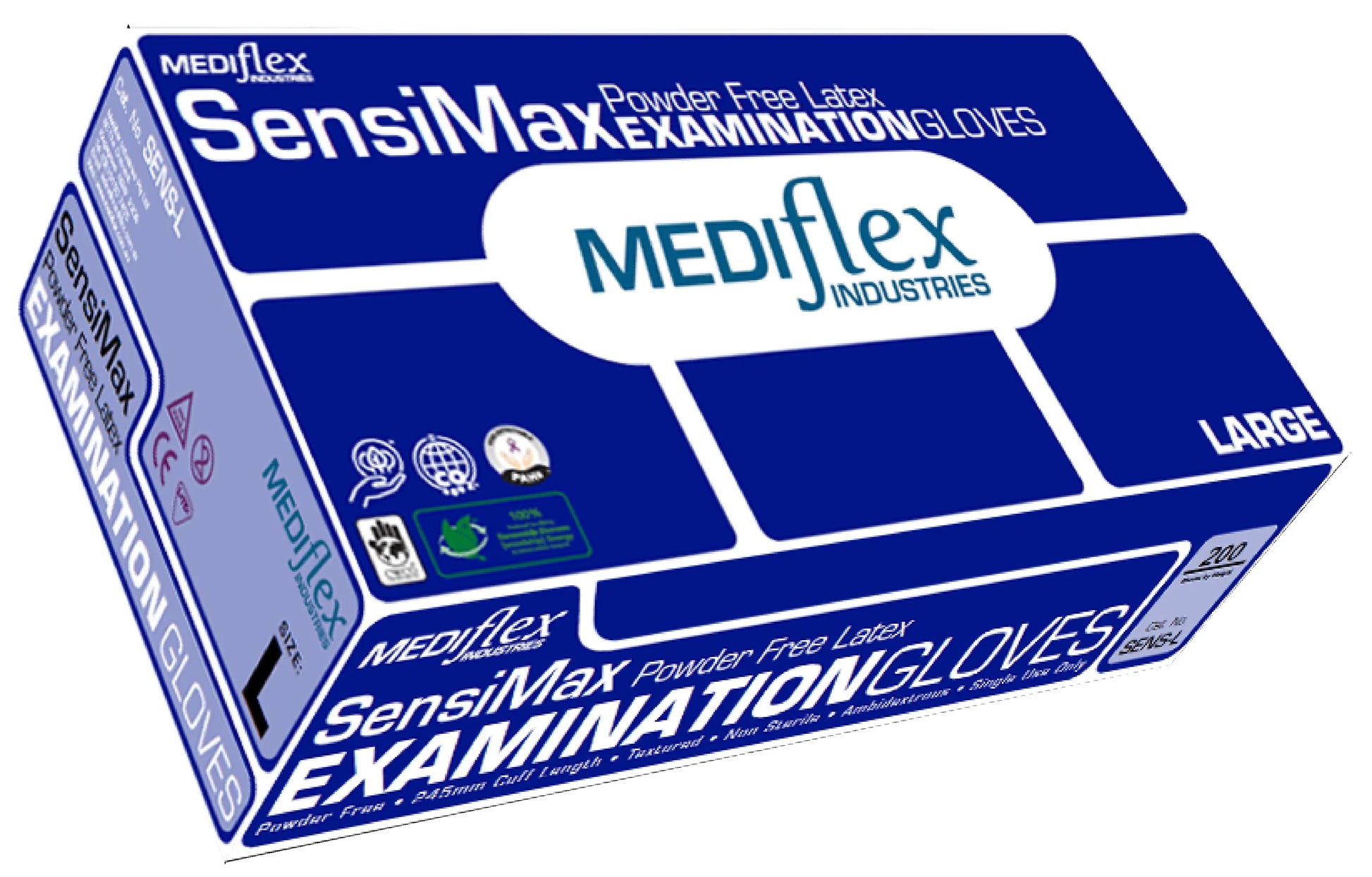 Box of Mediflex SensiMax Powder Free Latex Examination Gloves Large on a white background