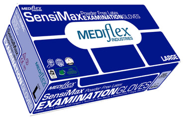 Box of Mediflex SensiMax Powder Free Latex Examination Gloves Large on a white background