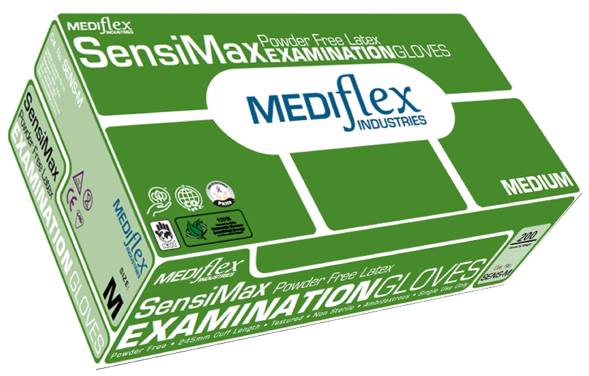 Box of Mediflex SensiMax Examination Gloves Medium on a white background