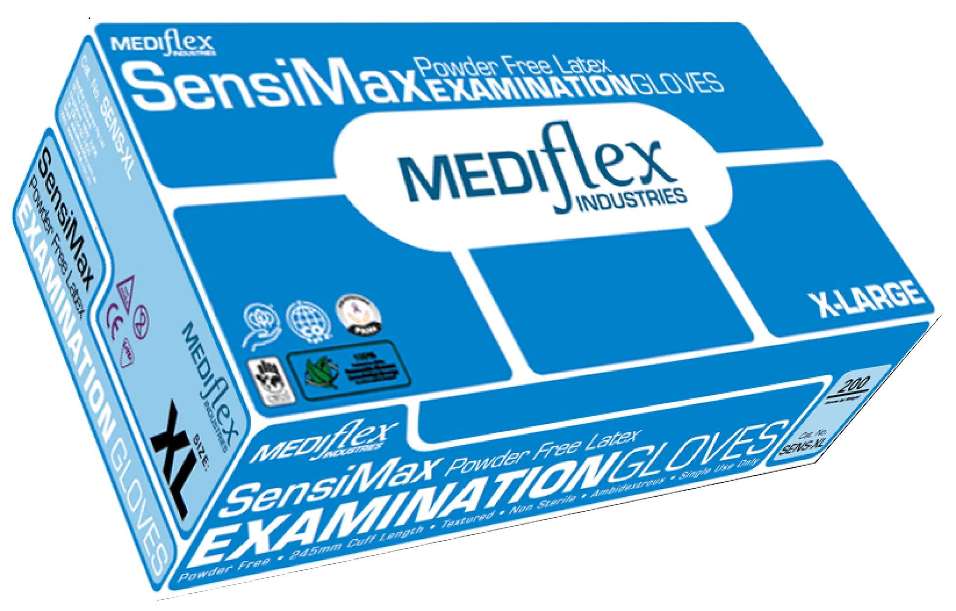 Box of Mediflex SensiMax powder-free latex examination gloves extra large on a white background