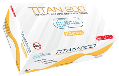 Box of Titan-200 gloves with Medflex Industries branding on a white background