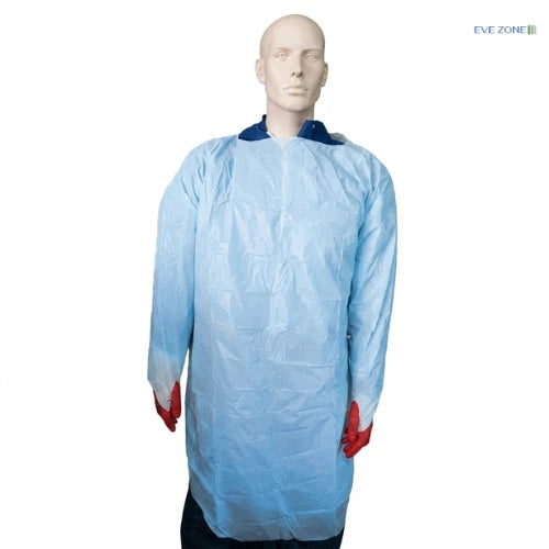 PE gown with thumb loops blue disposable Mediflex for healthcare and infection control use
