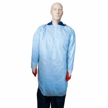 PE gown with thumb loops blue disposable Mediflex for healthcare and infection control use