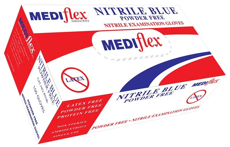 Box of Mediflex blue Nitrile gloves powder free by Nitrile Blue for medical and examination use