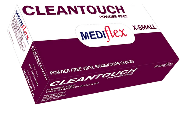 Mediflex Cleantouch extra small powder free vinyl gloves box by Mediflex for examination use.
