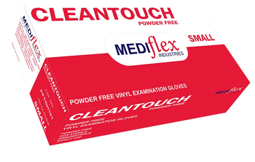 Mediflex Cleantouch small powder free vinyl gloves box by Mediflex for examination use.