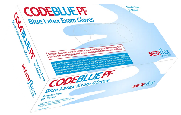 Mediflex Code Blue long cuff powder free latex gloves box containing 50 blue exam gloves