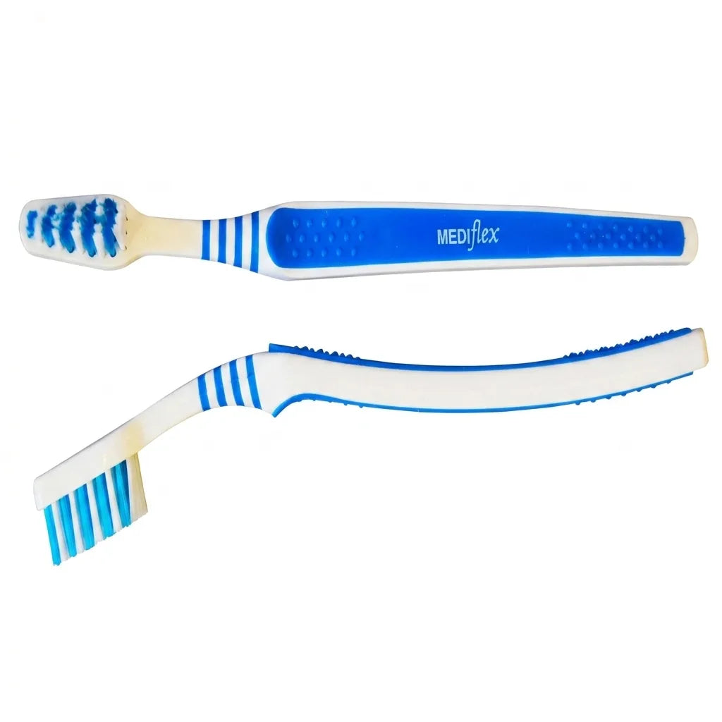 Mediflex double-sided denture brush with blue ergonomic grip and contoured bristles.