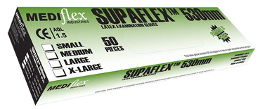 Box of Mediflex Supaflex gauntlet latex gloves 530mm length with 50 pieces in small size
