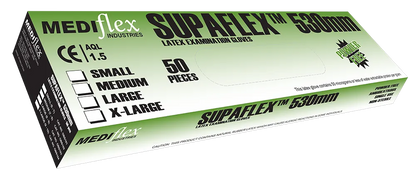 Box of Mediflex Supaflex gauntlet latex gloves 530mm length with 50 pieces in small size