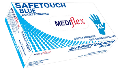 Mediflex Safetouch Blue lightly powdered blue vinyl gloves in extra-large size box for examination use