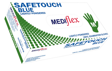 Mediflex Safetouch Blue lightly powdered blue vinyl gloves in Medium size box for examination use