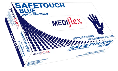 Mediflex Safetouch Blue lightly powdered blue vinyl gloves in large size box for examination use