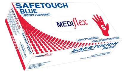 Mediflex Safetouch Blue lightly powdered blue vinyl gloves in small size box for examination use