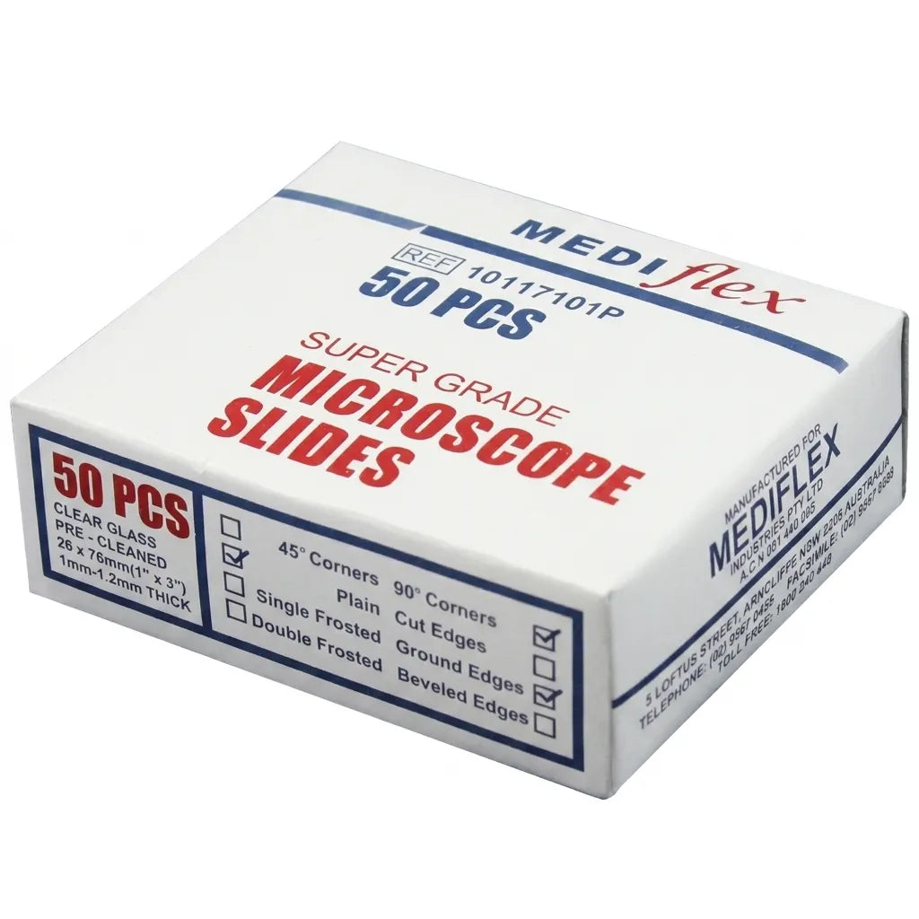 Mediflex plain pre-cleaned microscope slides with cut edges 50 pack REF 10117101P.