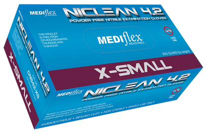 Niclean extra small powder free nitrile gloves box by Mediflex with ambidextrous non-sterile gloves