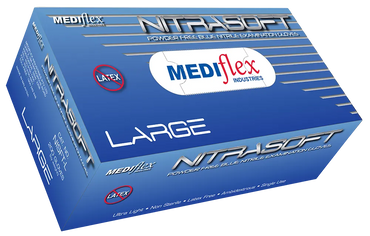 Nitrasoft large powder free nitrile gloves by Mediflex in blue box for latex-free protection