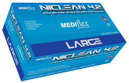 Niclean large powder free nitrile gloves box by Mediflex with ambidextrous non-sterile gloves