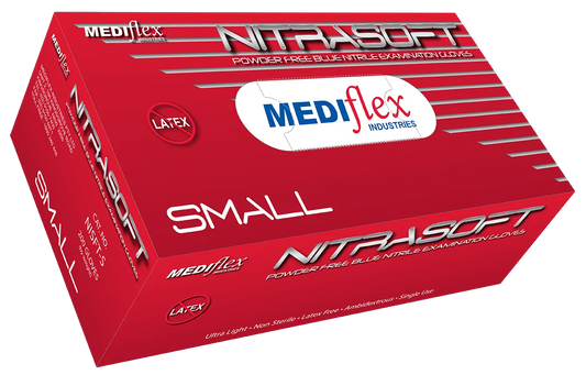 Nitrasoft extra small powder free nitrile gloves by Mediflex in blue box for latex-free protection