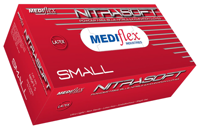 Nitrasoft extra small powder free nitrile gloves by Mediflex in blue box for latex-free protection