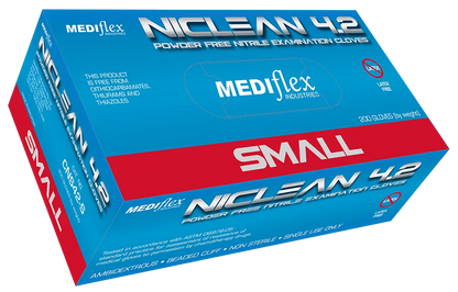 Niclean small powder free nitrile gloves box by Mediflex with ambidextrous non-sterile gloves