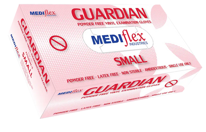 Mediflex Guardian powder free vinyl gloves box small size with latex free and ambidextrous features