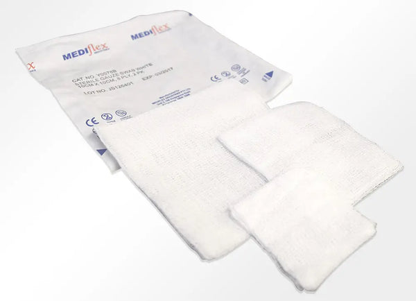 Mediflex sterile gauze swabs in white packaging for dressing and wound care