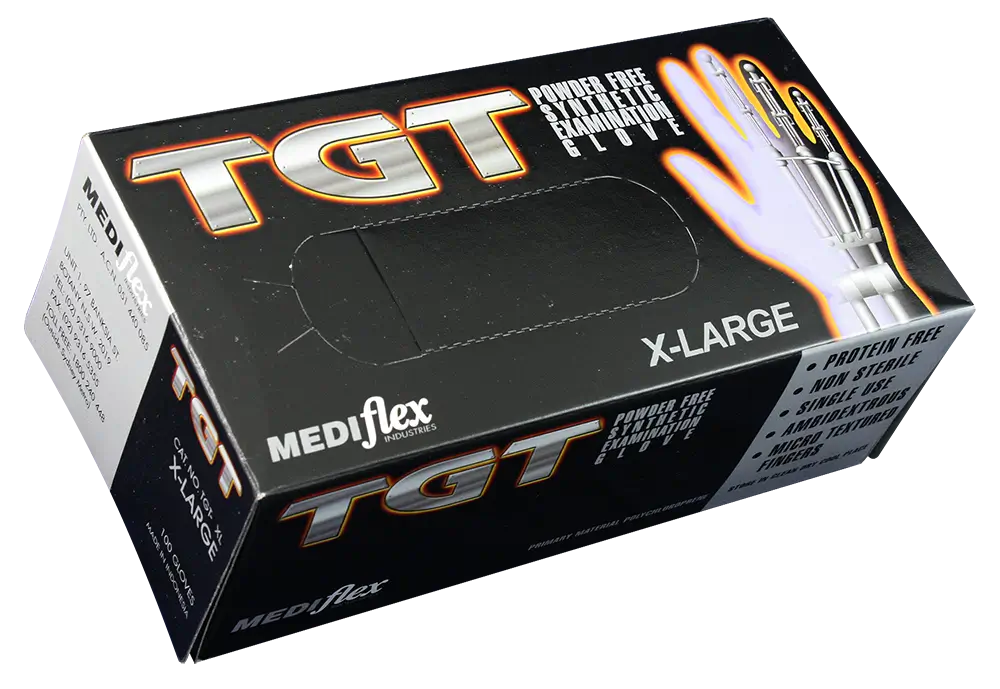 TGT box of Mediflex polychloroprene tgt neoprene examination gloves in extra-large size