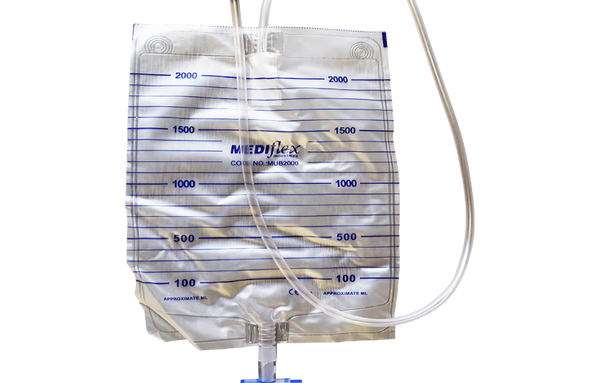 Mediflex continence urine bag with measurement markings and attached drainage tube