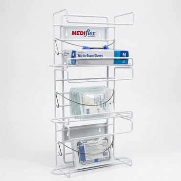 Mediflex wall-mounted wire basket glove dispenser in white, designed for professional medical, laboratory, and clinical settings.