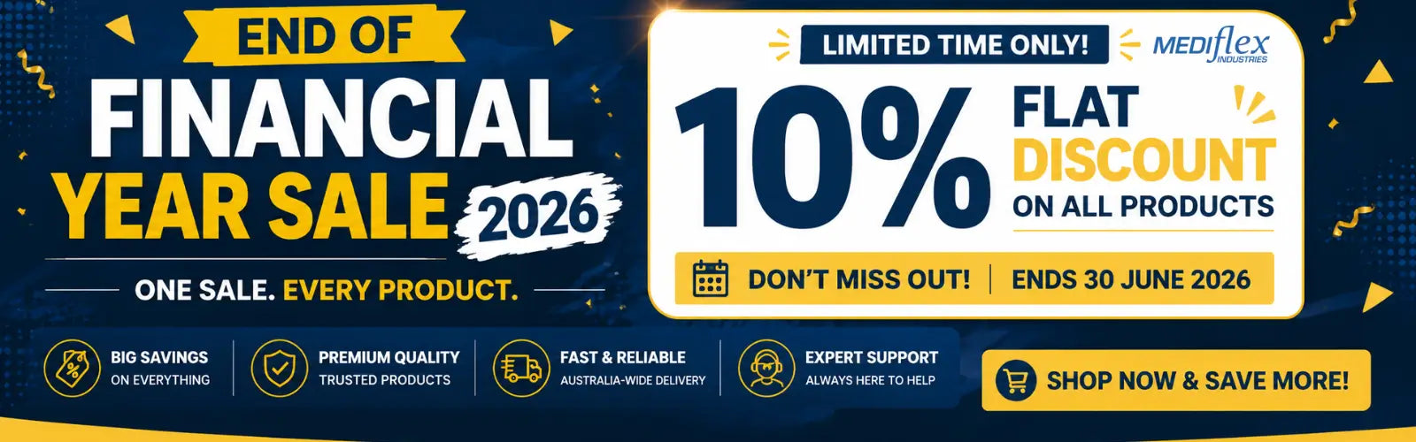 Promotional banner for Mediflex's End of Financial Year Sale 2026 with a 10% flat discount offer.