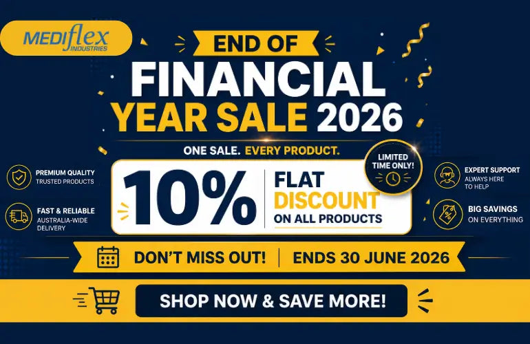 Promotional banner for Mediflex Industries' End of Financial Year Sale 2026 with discounts and deadlines.