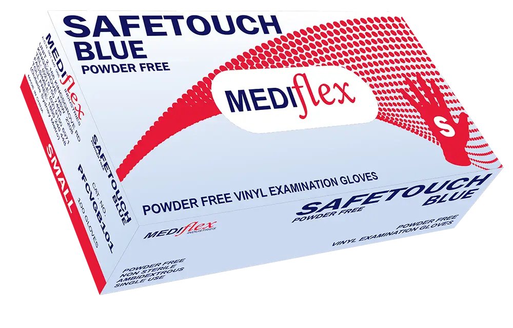 Mediflex Safetouch Blue PF powder free vinyl examination gloves blue in small size box
