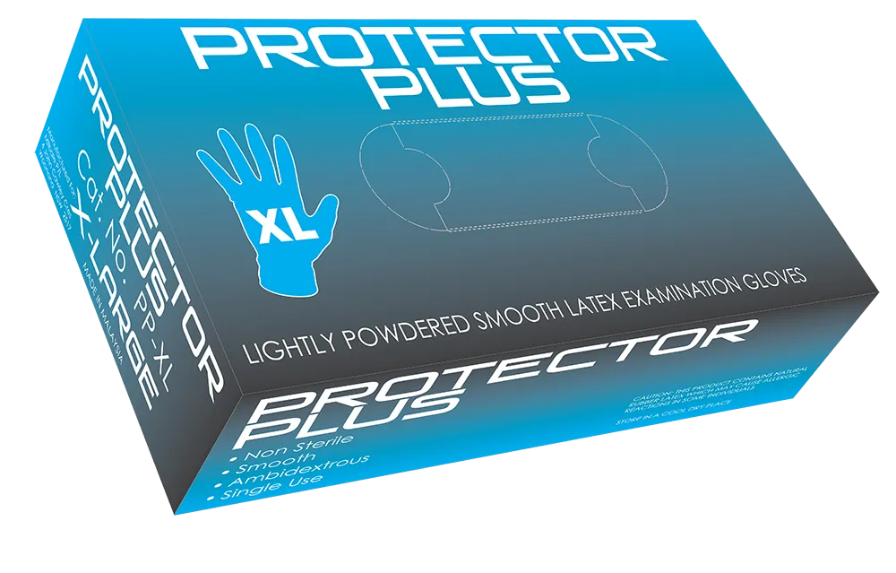 Mediflex Protector Plus lightly powdered latex gloves box showing size extra-large and smooth examination gloves