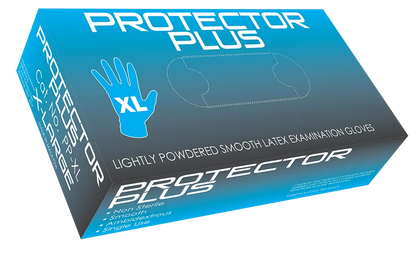 Mediflex Protector Plus lightly powdered latex gloves box showing size extra-large and smooth examination gloves