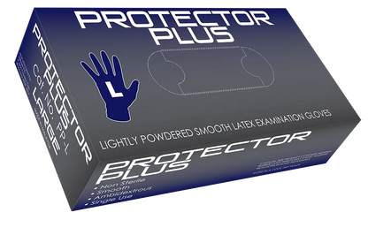 Mediflex Protector Plus lightly powdered latex gloves box showing size large and smooth examination gloves