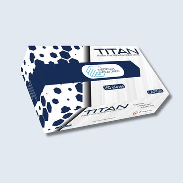 Titan box of powder free blue nitrile gloves large size with 100 gloves inside