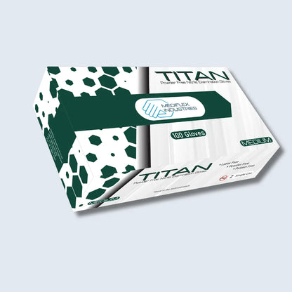 Titan box of powder free blue nitrile gloves containing 100 medium size gloves
