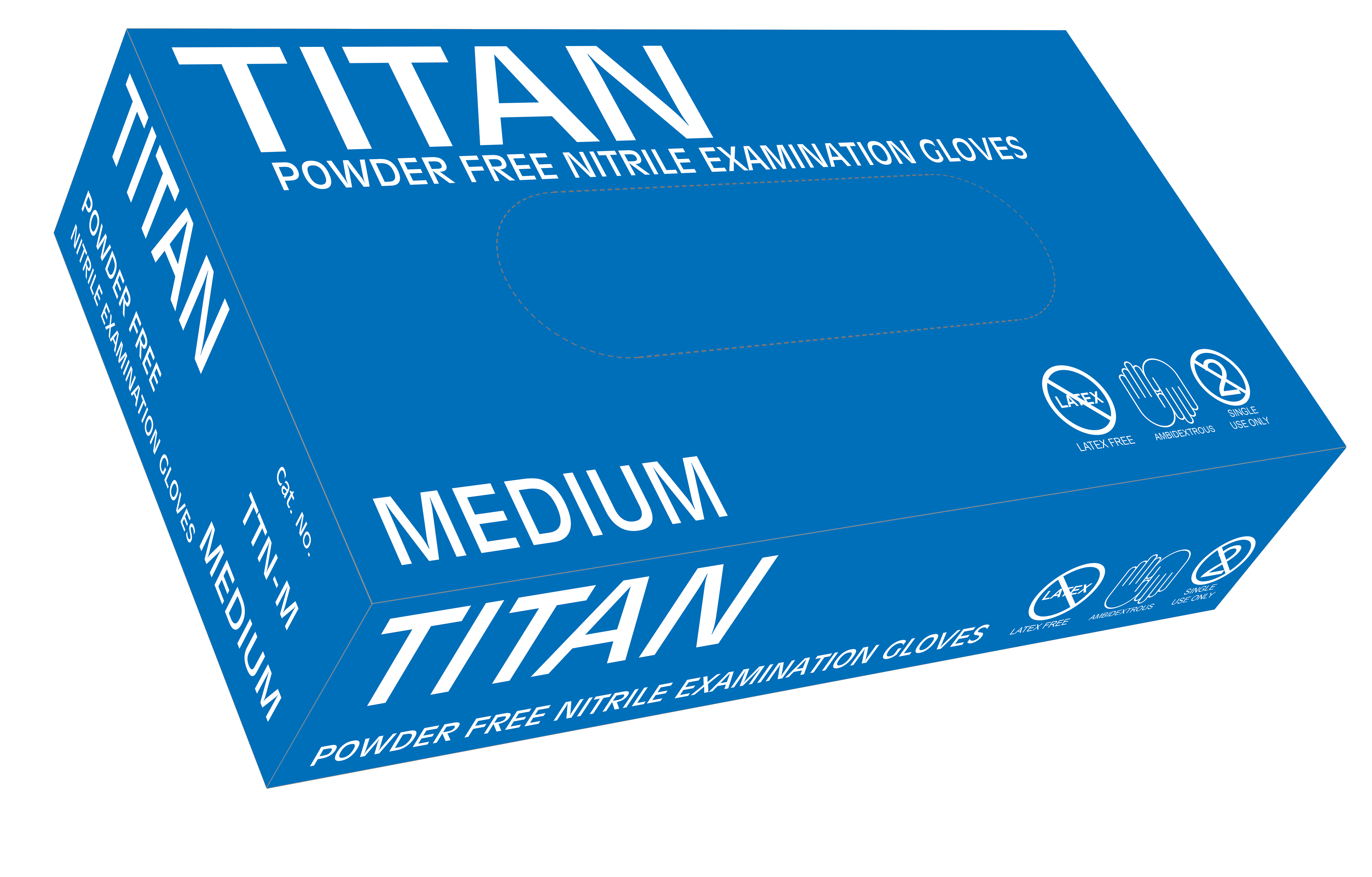 Titan medium size powder free nitrile examination gloves box with blue packaging