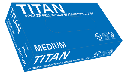 Titan medium size powder free nitrile examination gloves box with blue packaging