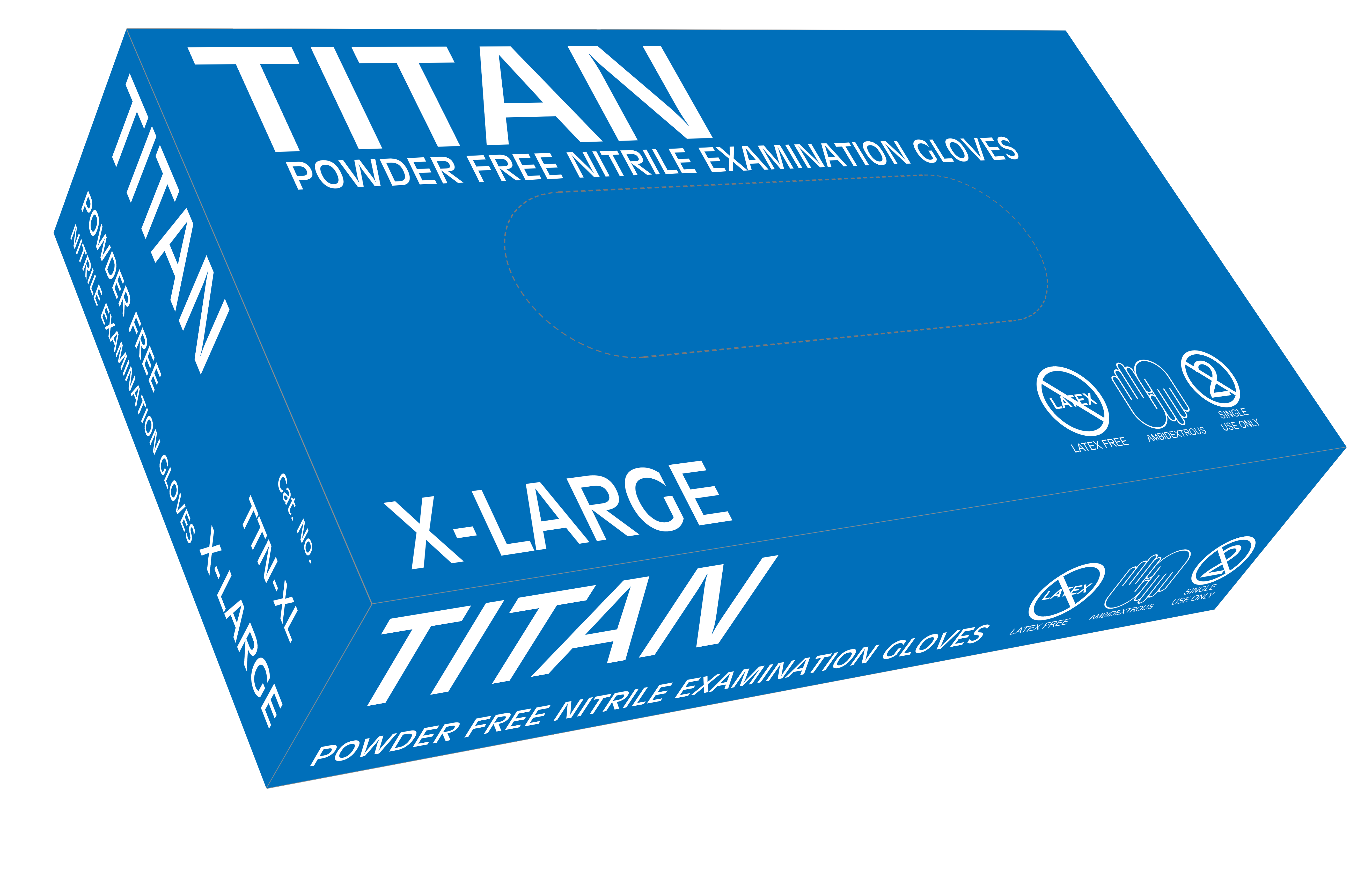 Titan powder free nitrile examination gloves box in extra large size blue packaging