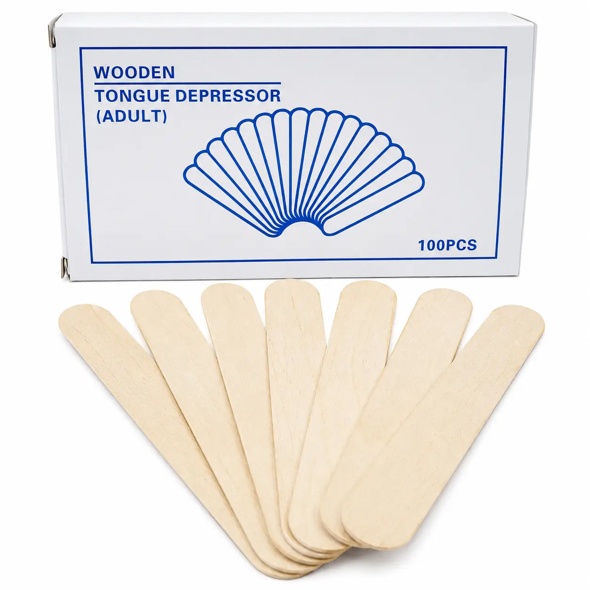 Pack of 100 adult wooden tongue depressors with box packaging.