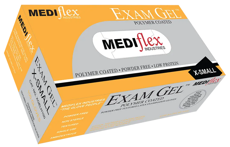 Box of MEDIflex Exam Gel extra small gloves on a white background