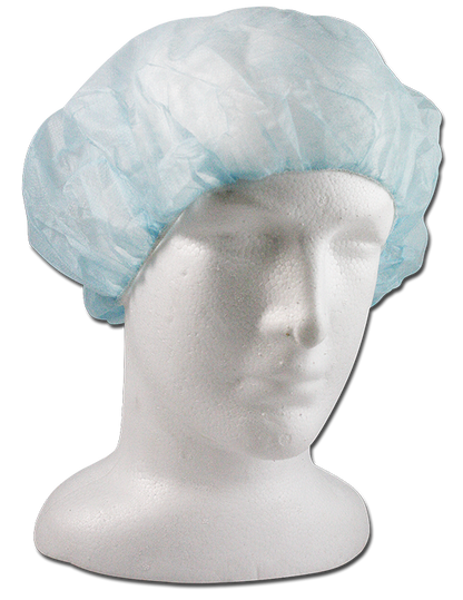 Mediflex disposable light blue bouffant caps f worn on white mannequin for PPE use