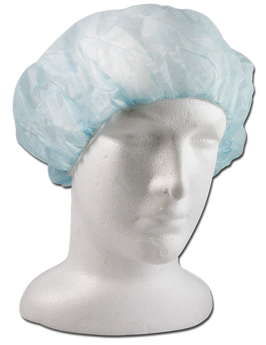 Mediflex disposable light blue bouffant caps f worn on white mannequin for PPE use